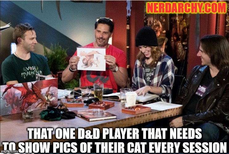 liam o'brien, joe manganiello, Matt Mercer, and marisha ray. All sitting around a gaming table that is set up to play D&D. Joe is holding up a picture of a manticore